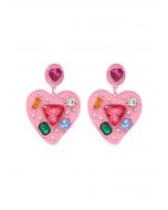 Heart Shape Multi Color Crystal Earrings in Pink