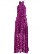 Embroidered Hollow Out Halter Neck Maxi Dress in Magenta