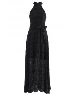 Embroidered Hollow Out Halter Neck Maxi Dress in Black