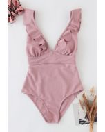 Deep-V Lace-Up Ruffle Swimsuit in Pink