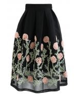 3D Flower Vine Airy Honeycomb Pleated Skirt in Black