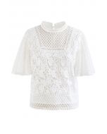 Bliss Flutter Sleeve Full Crochet Top in White