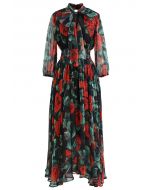 Rose Print Asymmetric Hem Chiffon Maxi Dress