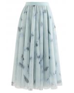Splash-Ink Panelled Mesh Tulle Midi Skirt in Mint