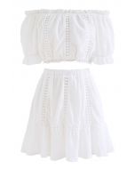 Flock Dot Off-Shoulder Crop Top and Skirt Set in White