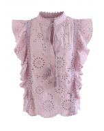 Ruffle Sleeveless Embroidered Eyelet Top in Pink