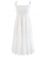 3D Floret Embroidered Tie-Strap White Dress