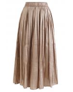 Glimmer Pleated Elastic Waist Midi Skirt in Light Tan