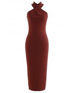 Crisscross Halter Neck Bodycon Knit Dress in Burgundy