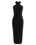 Crisscross Halter Neck Bodycon Knit Dress in Black