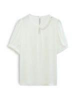 Necklace Short Sleeve Satin Top in White