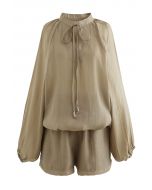 Athleisure Puff Sleeve Shirt and Flare Shorts Set in Khaki