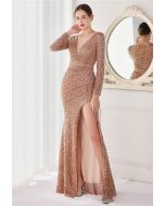 Side Slit Mesh V-Neck Sequined Gown in Champagne