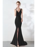 Beaded Bowknot Split Mermaid Satin Gown in Black