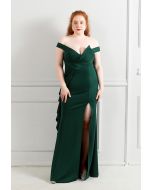 Off-Shoulder Cascade Ruffle Split Satin Gown in Emerald