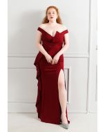 Off-Shoulder Cascade Ruffle Split Satin Gown in Burgundy