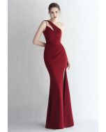 Cutout One-Shoulder Split Gown in Burgundy