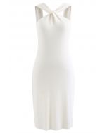 Crisscross Halter Neck Fitted Knit Dress in White