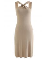 Crisscross Halter Neck Fitted Knit Dress in Camel