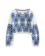 Scalloped Edges Floral Crochet Crop Top in Blue