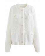 Sequins Trim Mohair Knit Cardigan in White