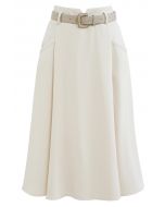 Front Pockets Belted Midi Skirt in Ivory