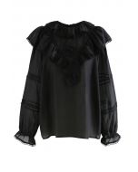 Tiered Doll Collar Floral Embroidered Shirt in Black