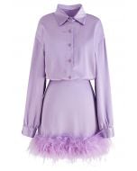 Fringe Hem Satin Long Sleeve Dress in Purple