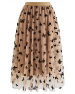 Velvet Butterfly Mesh Tulle Midi Skirt in Caramel