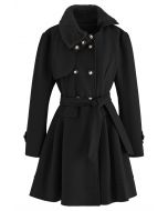 Faux Fur Collar Double-Breasted Skater Coat in Black