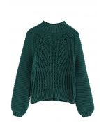 Exaggerated Ribbed High Neck Chunky Knit Crop Sweater in Dark Green