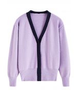 Contrast Edge V-Neck Knit Cardigan in Lilac