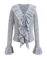 Exaggerated Ruffle Neck Self-Tie Knit Top in Grey