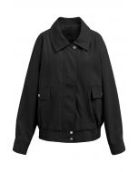 Fake Flap Pocket Faux Leather Jacket in Black