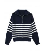 Flap Collar Zipper Neck Striped Knit Sweater in Navy