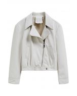 Diagonal Zip Up Faux Leather Jacket in Ivory