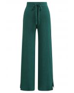 Drawstring Waist Side Slit Knit Pants in Dark Green