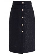 Golden Button Sequined Tweed Pencil Skirt