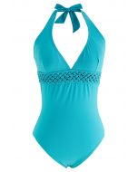 Deep-V Braided Hollow Out Waist Swimsuit in Teal