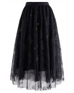 Sequined Embroidered Paisley Mesh Midi Skirt in Black