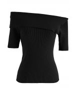 Folded Off-Shoulder Short-Sleeve Knit Top in Black