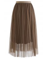 Contrast Lines Pleated Mesh Tulle Midi Skirt in Brown