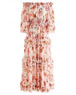 Tiered Ruffle Floral Off-Shoulder Chiffon Maxi Dress in Blush