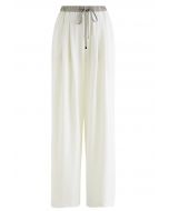 Contrast Waist Satin Pleated Straight-Leg Pants in Cream