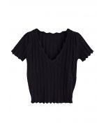 Scallop Edge Pointelle Short-Sleeve Crop Top in Black