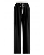 Contrast Waist Satin Pleated Straight-Leg Pants in Black