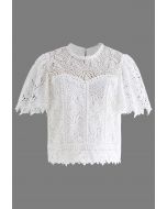 Leaf Cutwork Crochet Puff Sleeve Top in White