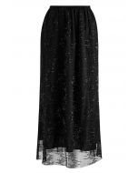 Sequin Embellished Mesh Maxi Skirt in Black