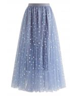 Iridescent Hearts Mesh Tulle Midi Skirt in Blue