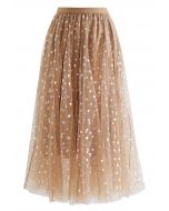 Iridescent Hearts Mesh Tulle Midi Skirt in Tan